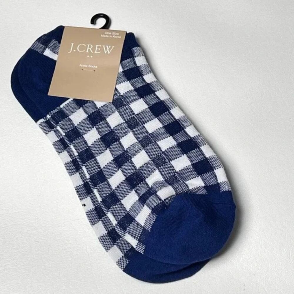 J.Crew Women's Ankle Gingham Blue and White Plaid Print Socks OS NWT
